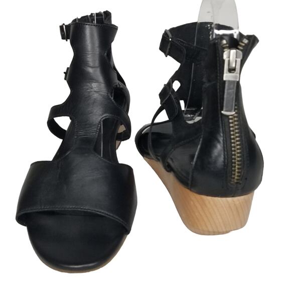 Eileen Fisher Sandals Womens Size 9.5 Gladiator Black Wedge Open Toe Leather - Picture 2 of 12